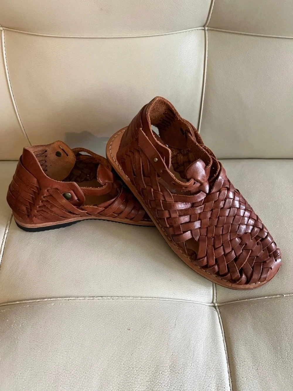 Will Leather Goods Men's Woven Leather Sandals in Chestnut Brown